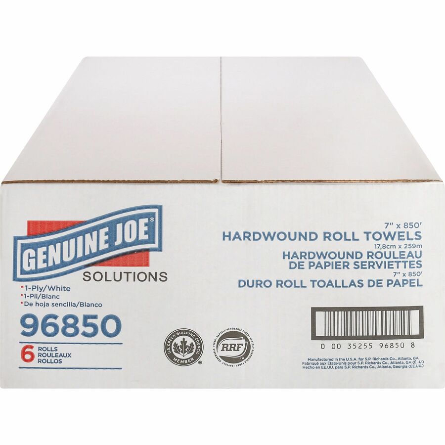 Genuine Joe Solutions Hardwound Paper Towels, 1-Ply, 7" x 850 ft, White, Virgin Fiber, 6 Rolls per Carton
