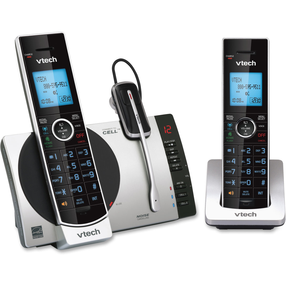 VTech Connect to Cell DS6771-3 DECT 6.0 Cordless Phone - Black, Silver - 1 x Phone Line - 2 x Handset - Speakerphone - Answering Machine - Hearing Aid Compatible