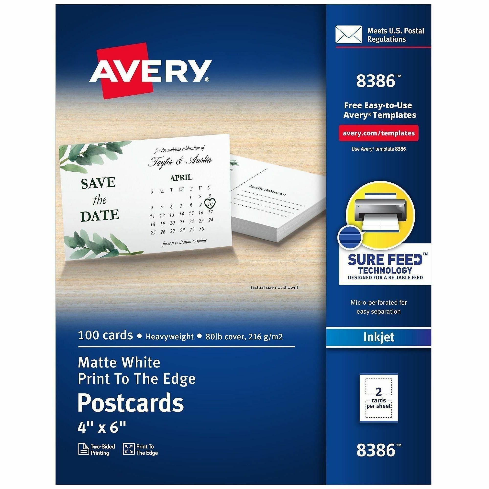 Avery&reg; Sure Feed Postcards - 97 Brightness - 4" x 6" - 80 lb Basis Weight - 216 g/m² Grammage - Matte - Perforated, Heavyweight, Rounded Corner, Print-to-the-edge, Recyclable, Biodegradable, Coated - White - 1 Box