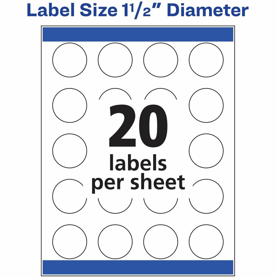 1 1/2" Diameter - Permanent Adhesive - Round - Inkjet - Matte - White - Paper - Print-to-the Edge, Permanent Adhesive, Stick & Stay - 20 / Sheet - 20 Total Sheets - 400 Total Label(s) - 1 Pack