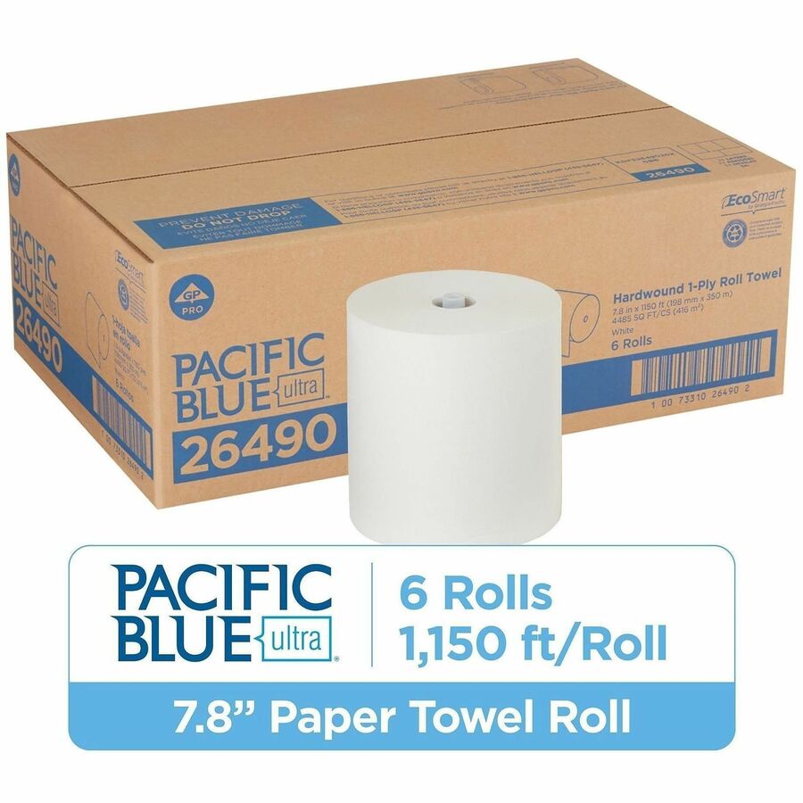Pacific Blue Ultra High-Capacity Recycled Paper Towel Rolls, 7.87" x 1150 ft, White, 6 Rolls per Carton