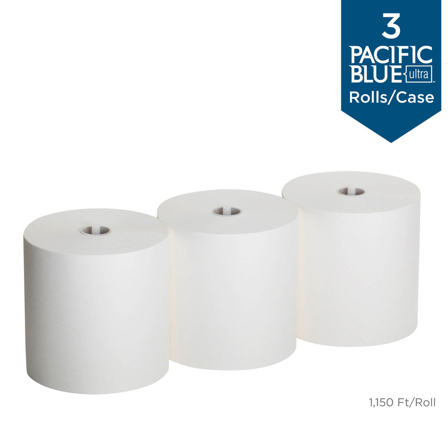 Pacific Blue Ultra High-Capacity Recycled Paper Towel Rolls, White, 7.87" x 1150 ft, 3 Rolls Per Carton