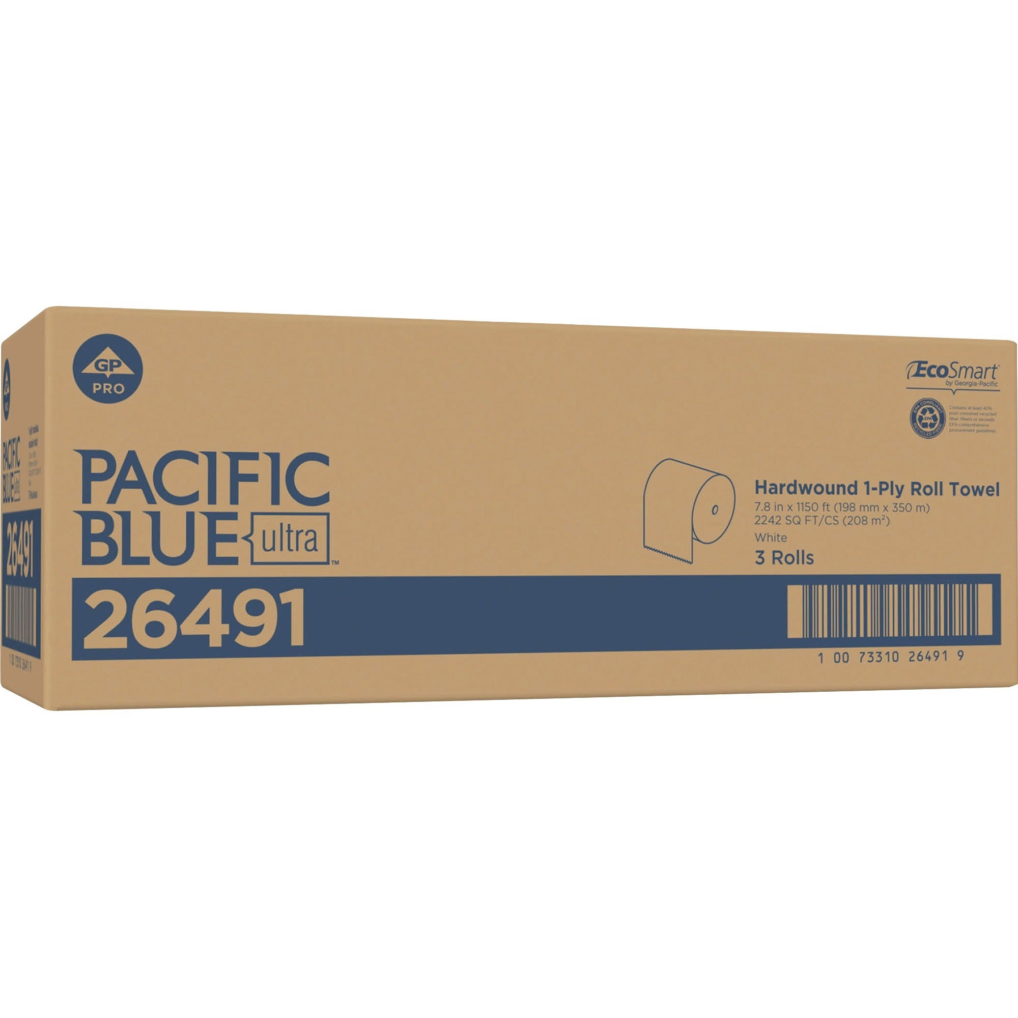Pacific Blue Ultra High-Capacity Recycled Paper Towel Rolls, White, 7.87" x 1150 ft, 3 Rolls Per Carton