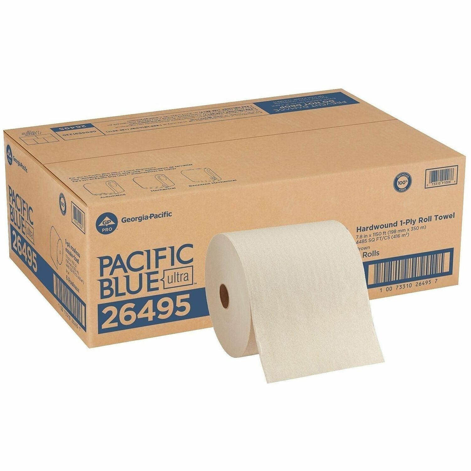 Pacific Blue Ultra High-Capacity Recycled Paper Towel Rolls, 7.87" x 1150 ft, Brown, 6 Rolls per Carton