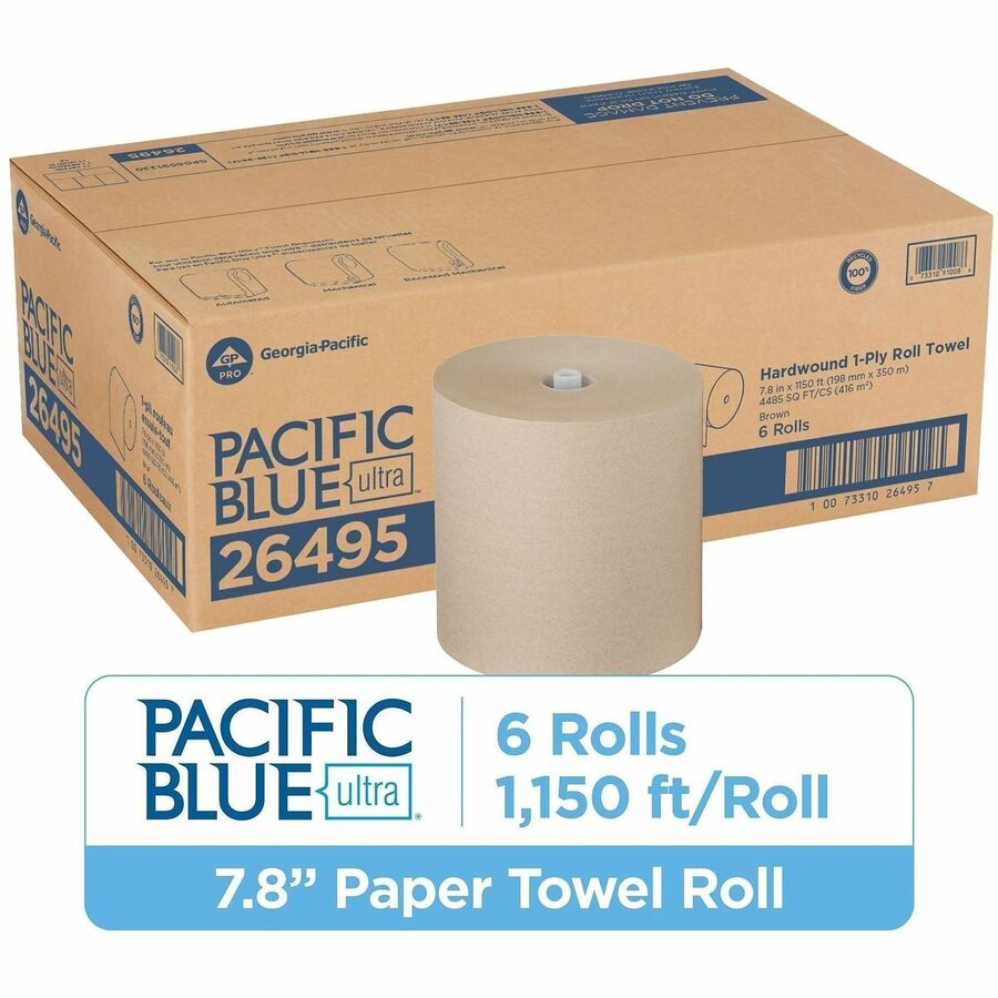 Pacific Blue Ultra High-Capacity Recycled Paper Towel Rolls, 7.87" x 1150 ft, Brown, 6 Rolls per Carton