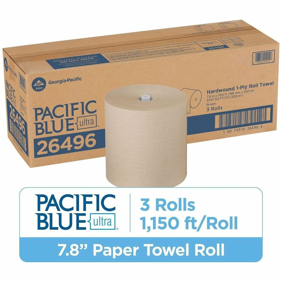 Pacific Blue Ultra High-Capacity Recycled Paper Towel Rolls, 7.87" x 1150 ft, Brown, 3 Rolls per Carton