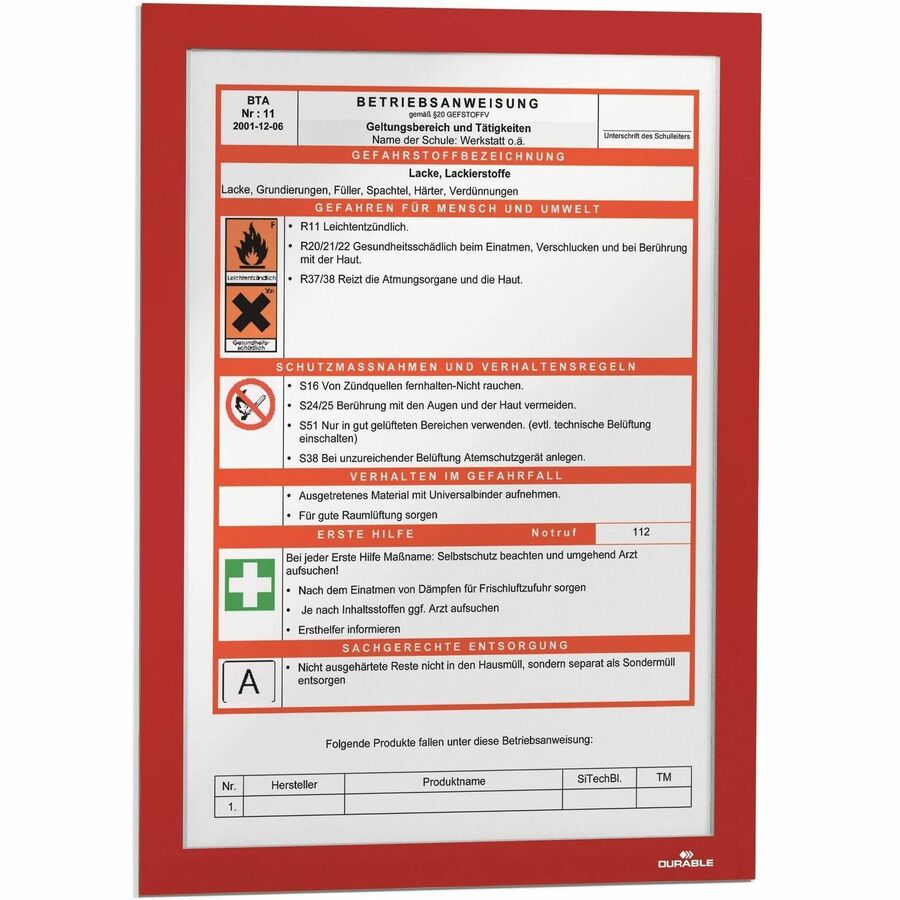 DURABLE Duraframe Magnetic Self-adhesive Frame, 8.5" x 11", Rectangle, Dual-sided, Magnetic, Self-adhesive, Red, 1 Each