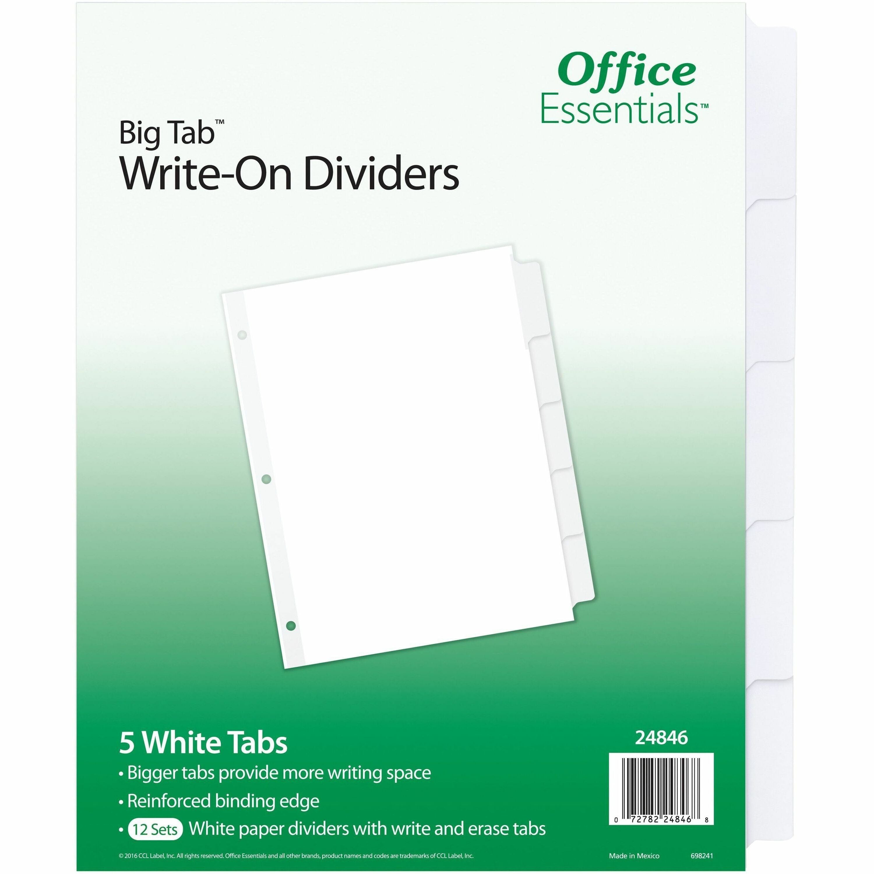 Avery Office Essentials Big Tab Write-On Tab Dividers, 60 Dividers, 5 Write-On Tabs per Set, 8.5" x 11", 3-Hole Punched, White, 1 Carton