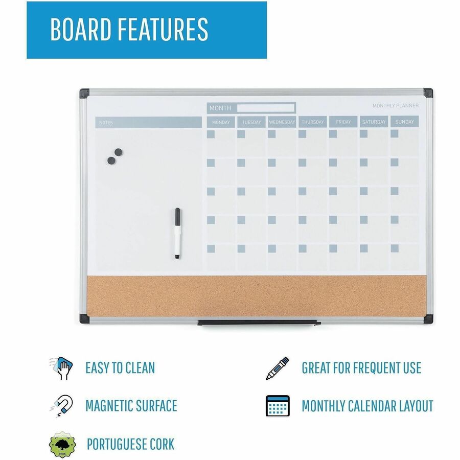 Monthly - White - Plastic - 24" Height x 36" Width - Dry Erase Surface, Compact, Magnetic, Stain Resistant - 1 Each