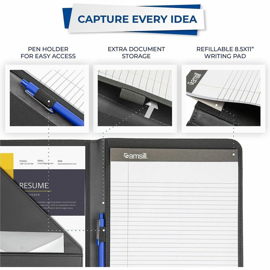 Samsill Professional Leather Padfolio, 8.5" x 11", Black, 1 Each