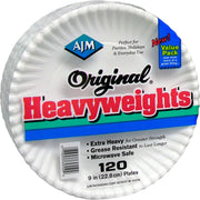AJM 9" Original Heavyweight Paper Plates, White, Microwave Safe, Disposable, 120 Pack