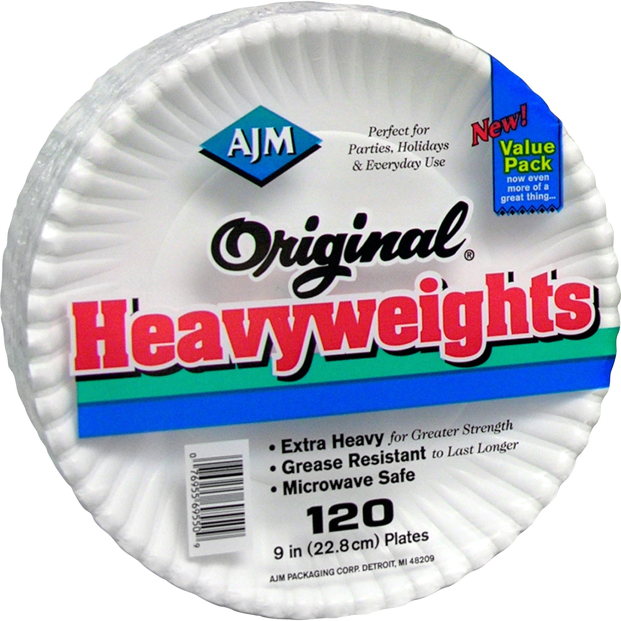 AJM 9" Original Heavyweight Paper Plates, White, Microwave Safe, Disposable, 120 Pack