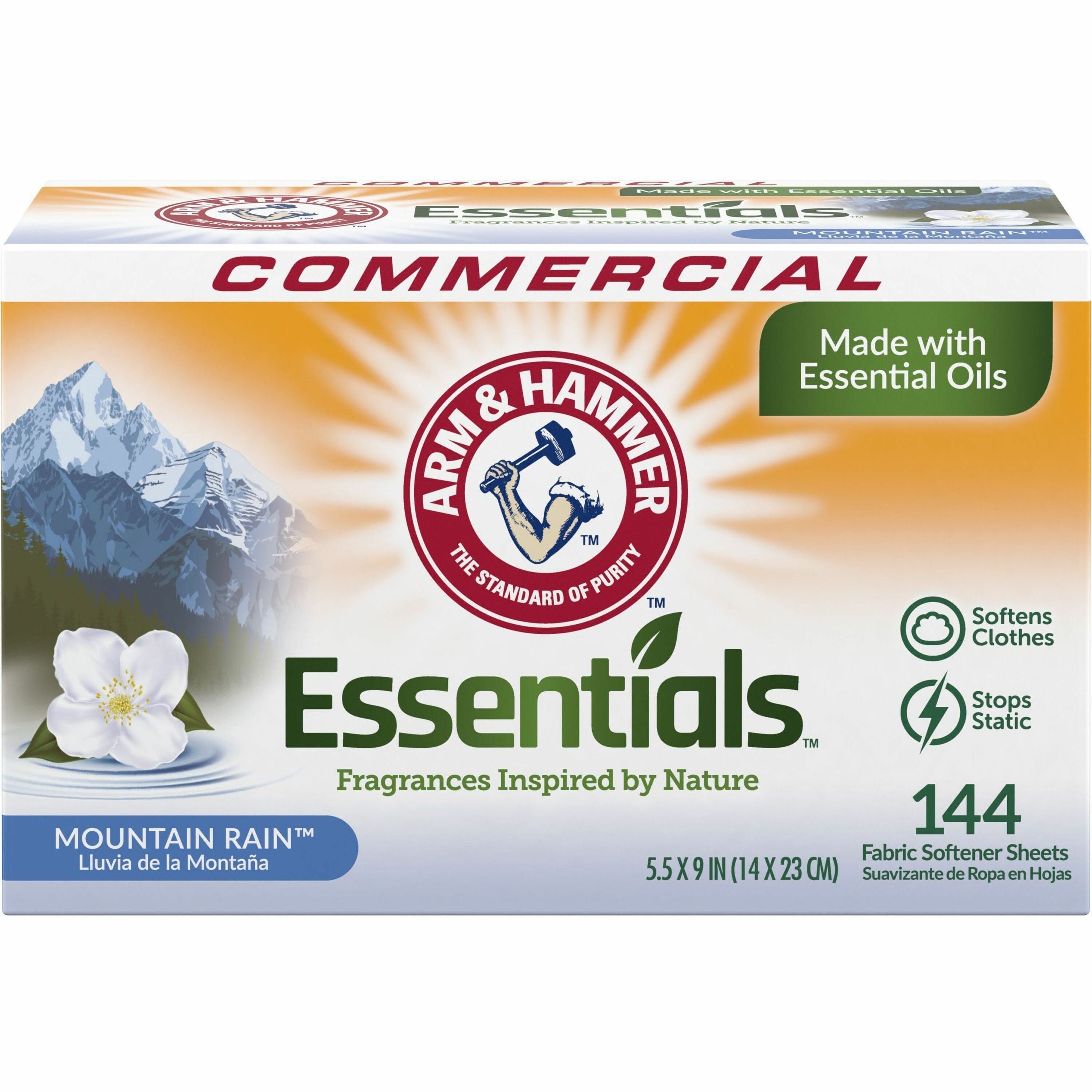 Arm & Hammer Essentials Fabric Softener Sheets, Mountain Rain Scent, Anti-static, Long Lasting, Pleasant Scent, White, 144 Sheets per Box