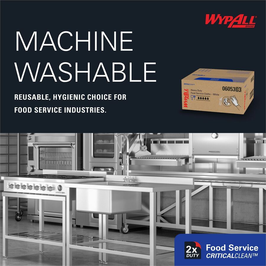 Wypall Critical Clean Foodservice Cloths, Quarter-fold, 12.50" x 23.50", White, Hydroknit, 1 Carton