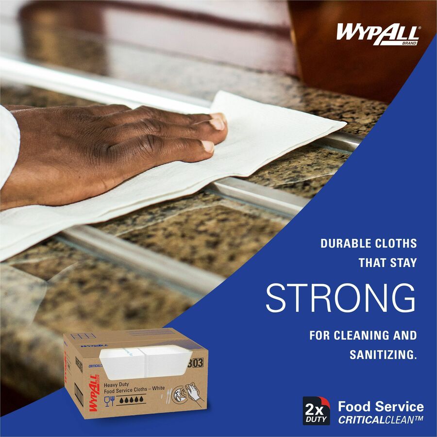 Wypall Critical Clean Foodservice Cloths, Quarter-fold, 12.50" x 23.50", White, Hydroknit, 1 Carton