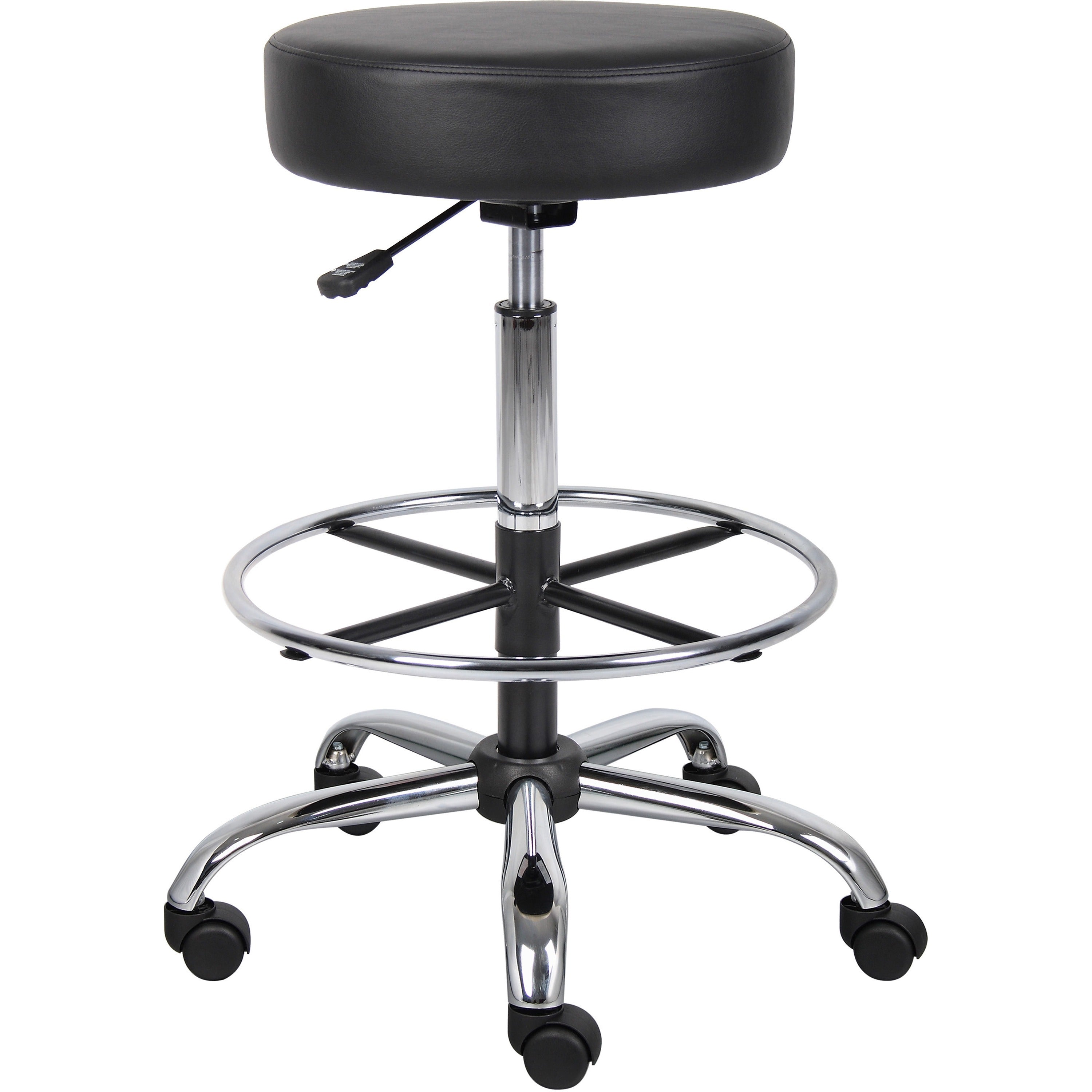 Boss Drafting Stool, Black Vinyl Seat, Chrome/Black Frame, 5-Star Chrome Base, Adjustable Height 28"-34", Dual Wheel Casters, 16" Seat Diameter, Pack of 1