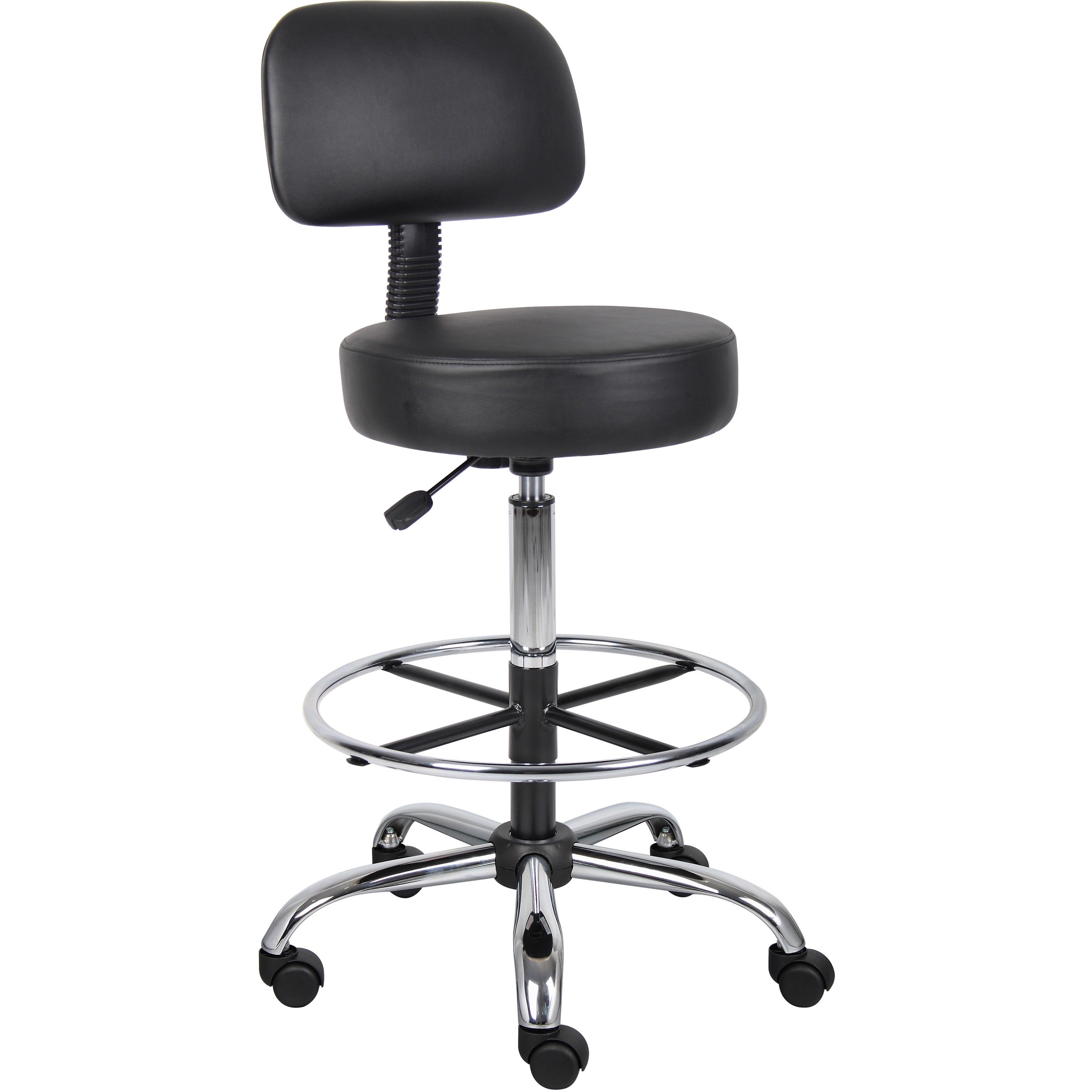 Boss Drafting Stool, Black Vinyl Seat and Back, Chrome and Black Frame, Adjustable Height, 5-Star Chrome Base, Dual Wheel Casters, 1 Each