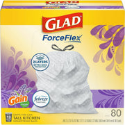 Glad ForceFlex Tall Kitchen Drawstring Trash Bags, Gain Lavender with Febreze Freshness, 13 Gallon, White, 27.36" x 24.02" x 0.78 mil, Drawstring Closure, 1 Box