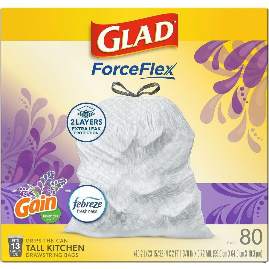 Glad ForceFlex Tall Kitchen Drawstring Trash Bags, Gain Lavender with Febreze Freshness, 13 Gallon, White, 27.36" x 24.02" x 0.78 mil, Drawstring Closure, 1 Box