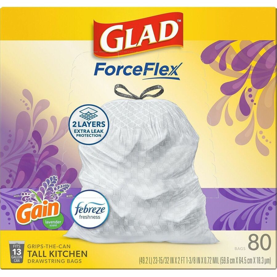 Glad ForceFlex Tall Kitchen Drawstring Trash Bags, Gain Lavender with Febreze Freshness, 13 Gallon, White, 27.36" x 24.02" x 0.78 mil, Drawstring Closure, 1 Box