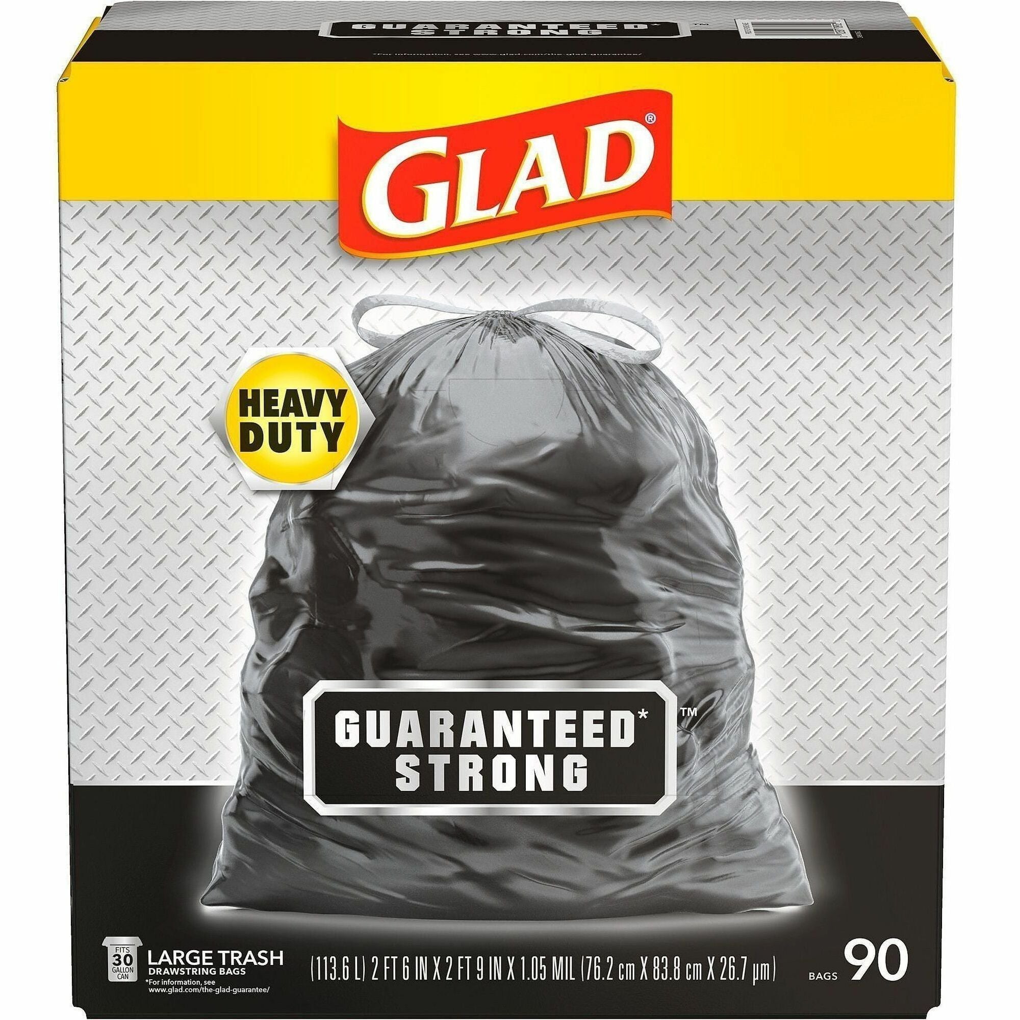 Glad Strong Large Drawstring Trash Bags, 30 Gallon, 32.99" x 30", 1.05 mil Thickness, Black, 90/Carton