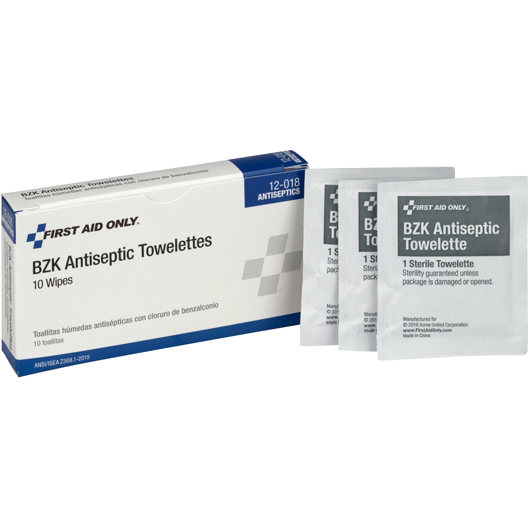 First Aid Only BZK Antiseptic Towelettes, White, 10 Towelettes per Box, Individually Wrapped, Sterile
