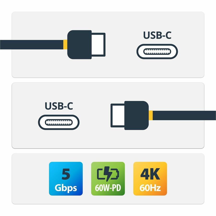 StarTech.com USB-C Cable, 6.60 ft, USB 3.0 Type C Male to Male, 5 Gbit/s, Shielded, Nickel Plated, 26 AWG, Black, 1 Each
