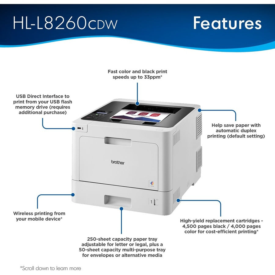 33 ppm Mono / 33 ppm Color - 2400 x 600 dpi class - Automatic Duplex Print - 300 Sheets Input - Ethernet - Wireless LAN - 40000 Pages Duty Cycle - Plain Paper Print - USB
