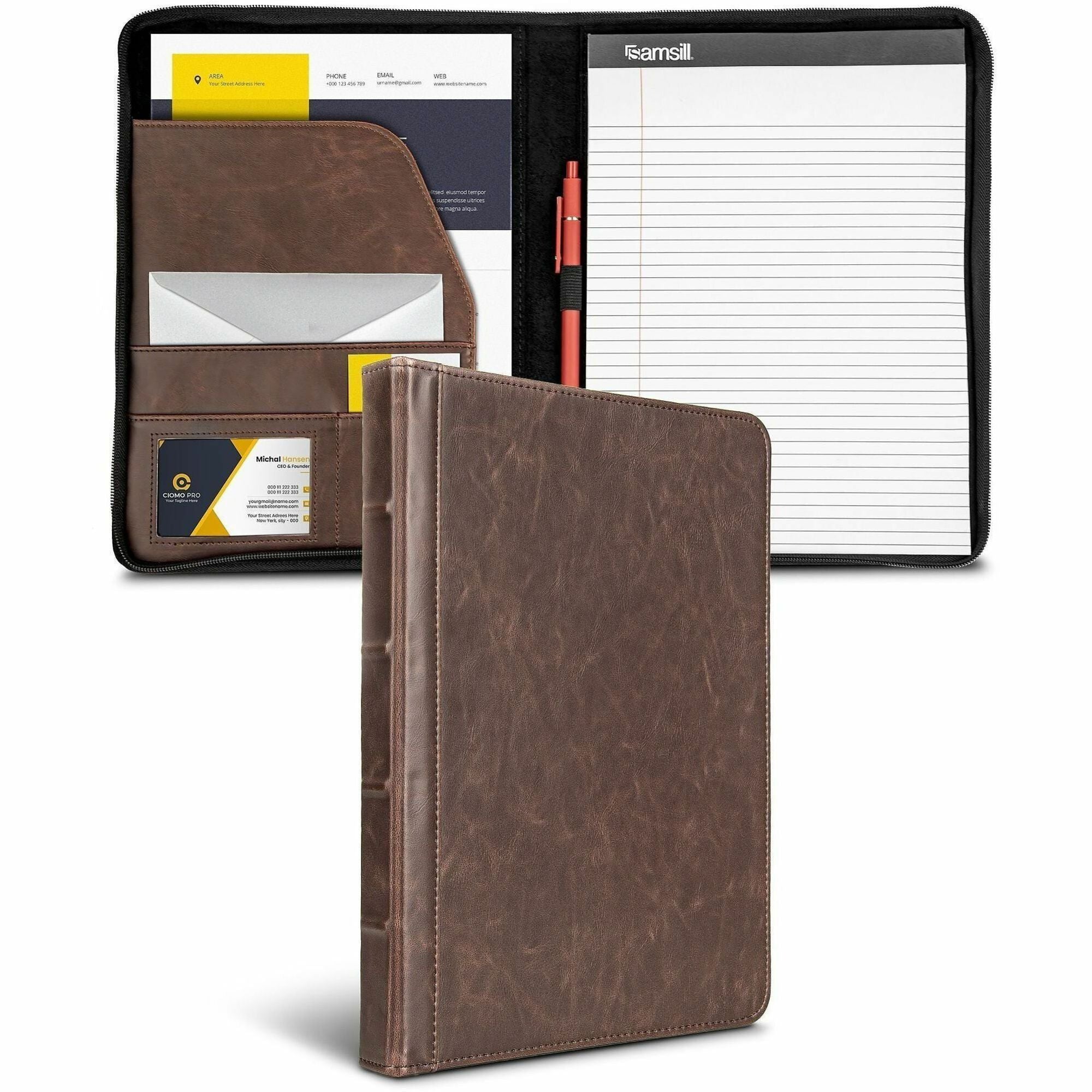 Samsill Vintage Hardback Zipper Portfolio, Letter Size 8.5" x 11", Faux Leather & Vinyl, Dark Brown, Includes Notepad, 1 Each