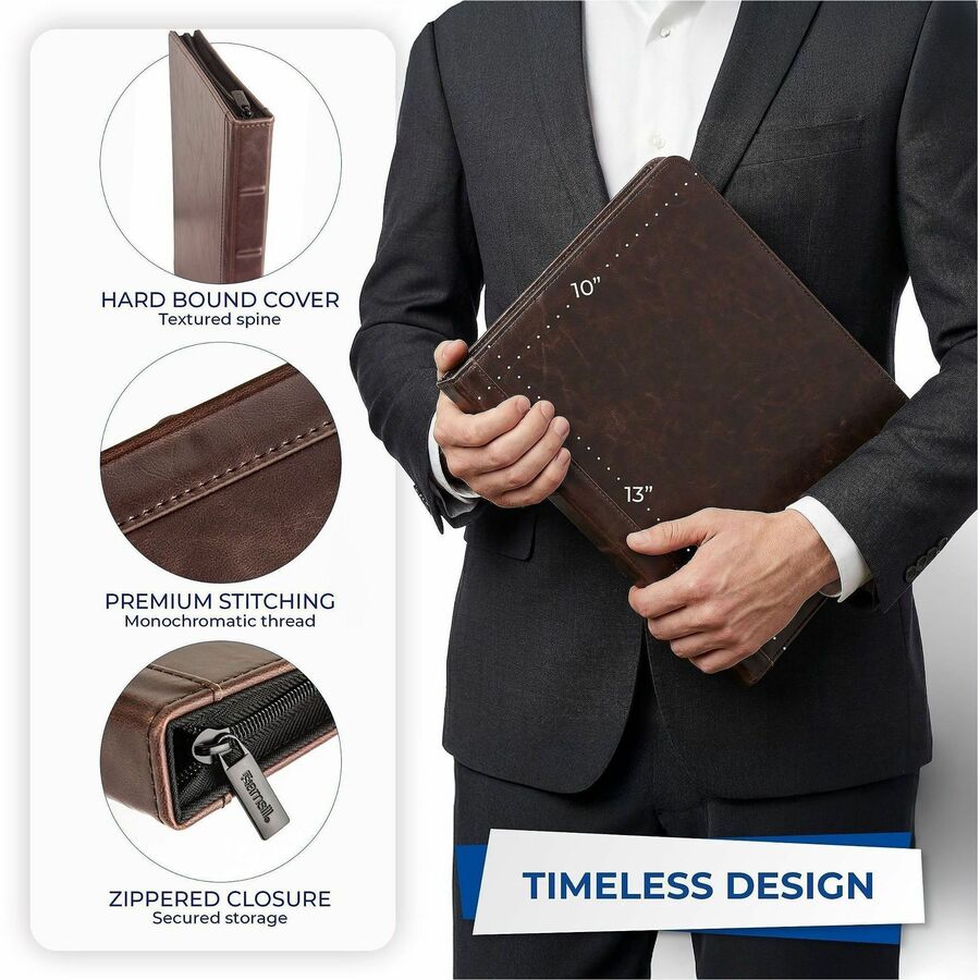 Samsill Vintage Hardback Zipper Portfolio, Letter Size 8.5" x 11", Faux Leather & Vinyl, Dark Brown, Includes Notepad, 1 Each