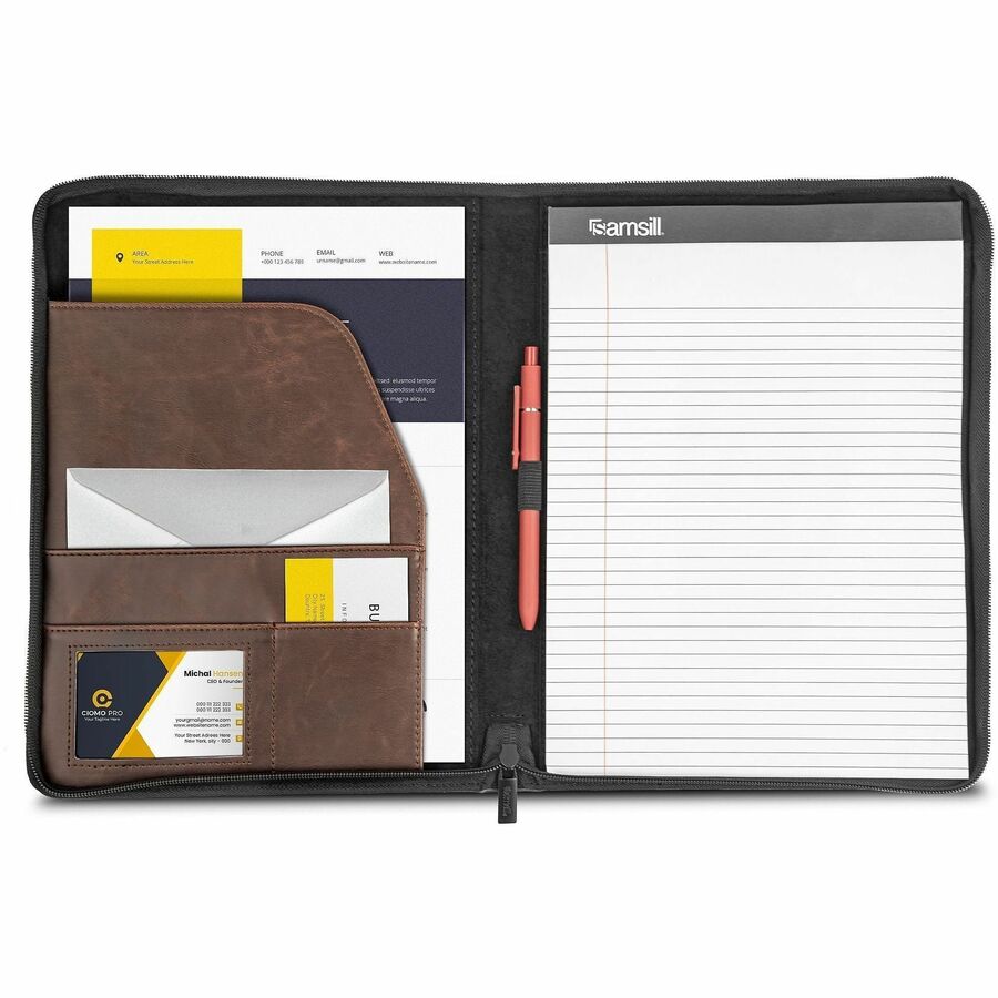 Samsill Vintage Hardback Zipper Portfolio, Letter Size 8.5" x 11", Faux Leather & Vinyl, Dark Brown, Includes Notepad, 1 Each