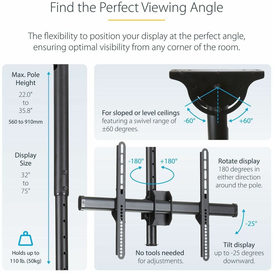 StarTech.com Ceiling Mount for Flat Panel Display, LCD Display, LED Display, Plasma Display - Black