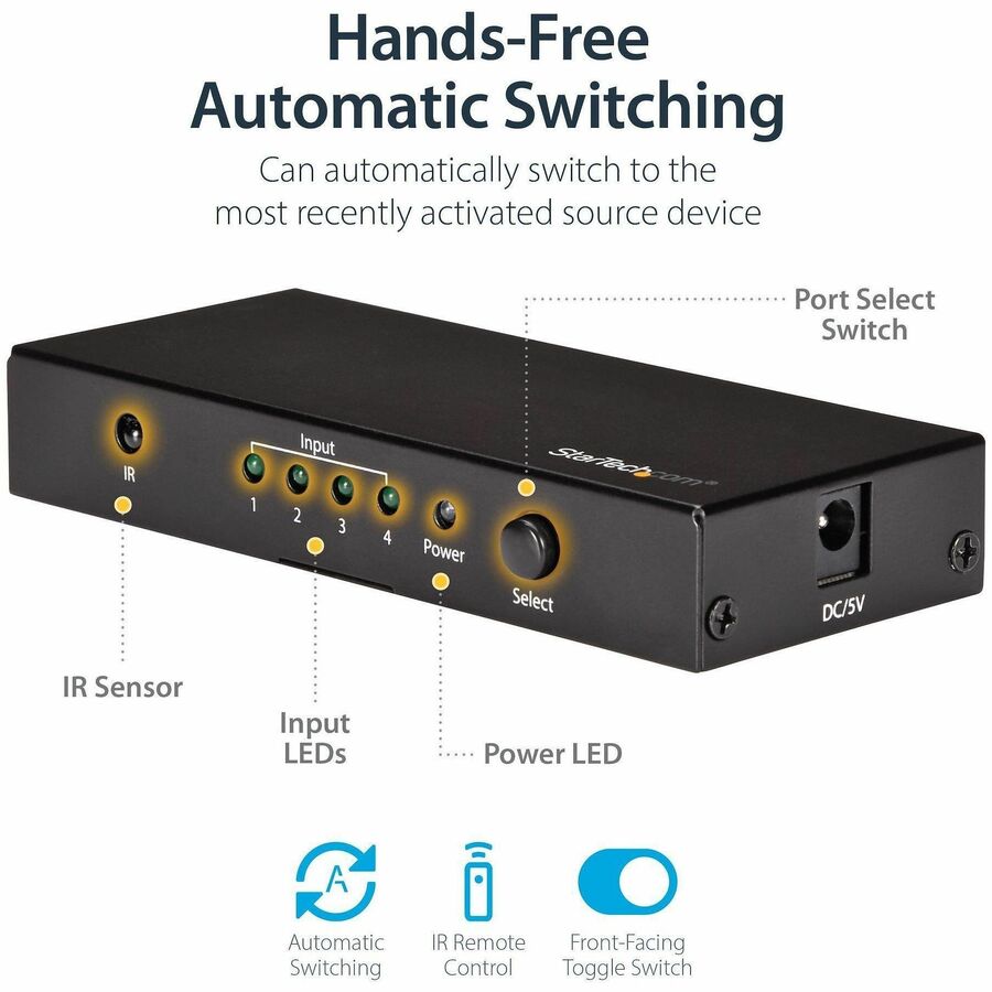 StarTech.com 4-Port HDMI Automatic Switch - 4K HDMI Switcher Box - Ultra HD 4K 60Hz
