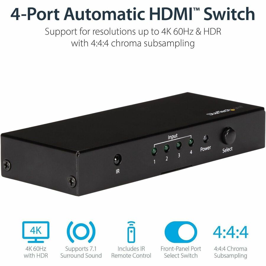 StarTech.com 4-Port HDMI Automatic Switch - 4K HDMI Switcher Box - Ultra HD 4K 60Hz