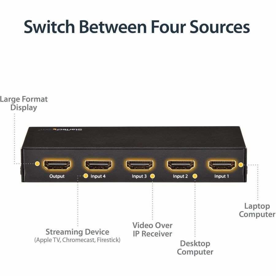 StarTech.com 4-Port HDMI Automatic Switch - 4K HDMI Switcher Box - Ultra HD 4K 60Hz