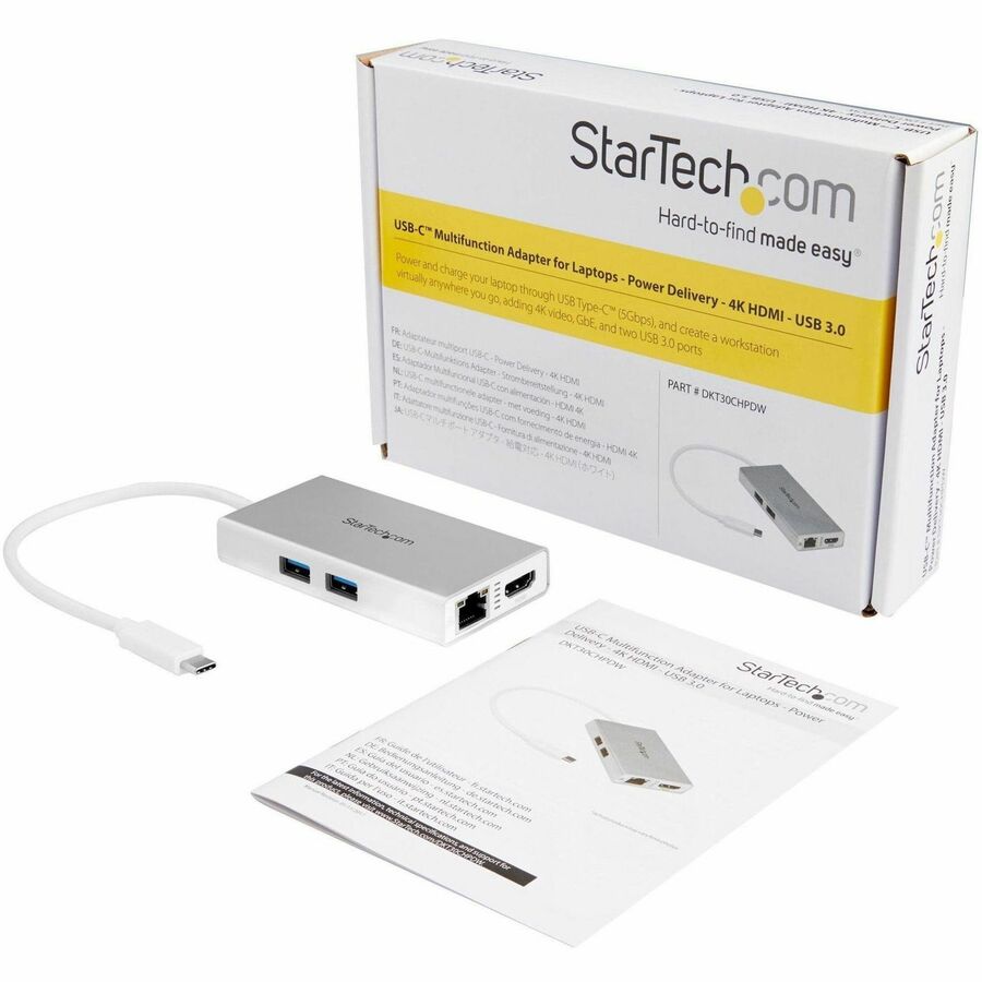 StarTech.com USB-C Docking Station, 1 Each, 60W Power Delivery, Supports 1 Display (4K HDMI), 2 USB 3.0 Type-A Ports, Gigabit Ethernet, Wireless LAN, Silver/White, Compatible with macOS, Windows, ChromeOS
