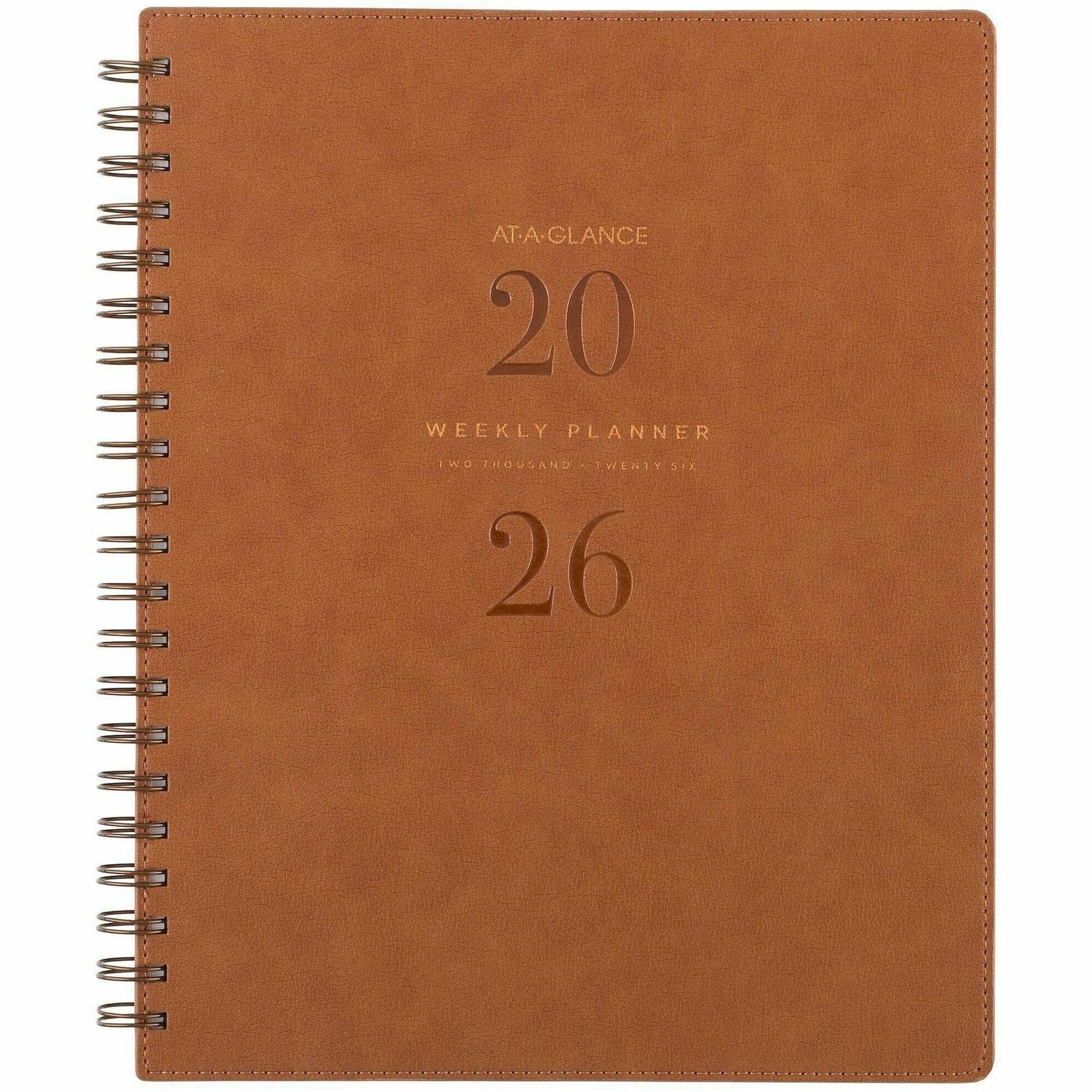 At-A-Glance Signature Collection Planner, Large, 13-Month, Weekly/Monthly, 8.5" x 11", White Sheets, Wire Bound, Brown Faux Leather, Tabbed, Double Pocket, 1 Each