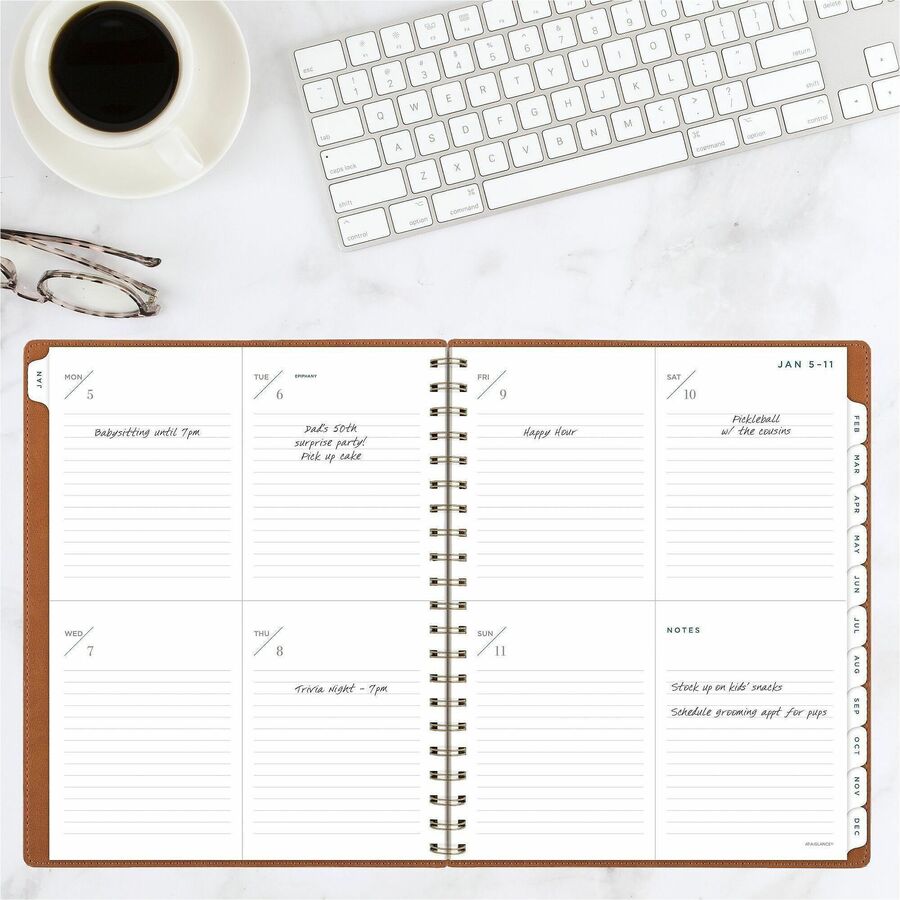 At-A-Glance Signature Collection Planner, Large, 13-Month, Weekly/Monthly, 8.5" x 11", White Sheets, Wire Bound, Brown Faux Leather, Tabbed, Double Pocket, 1 Each
