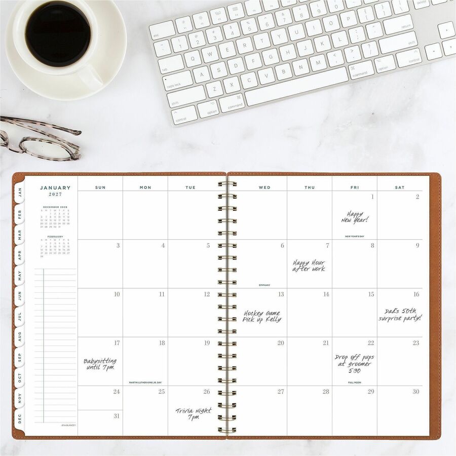 At-A-Glance Signature Collection Planner, Large, 13-Month, Weekly/Monthly, 8.5" x 11", White Sheets, Wire Bound, Brown Faux Leather, Tabbed, Double Pocket, 1 Each