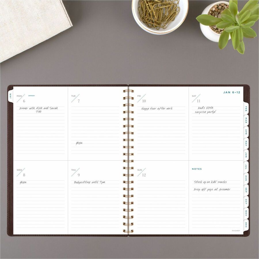 At-A-Glance Signature Collection Planner, Large, 13-Month, Weekly/Monthly, 8.5" x 11", White Sheets, Wire Bound, Brown Faux Leather, Tabbed, Double Pocket, 1 Each