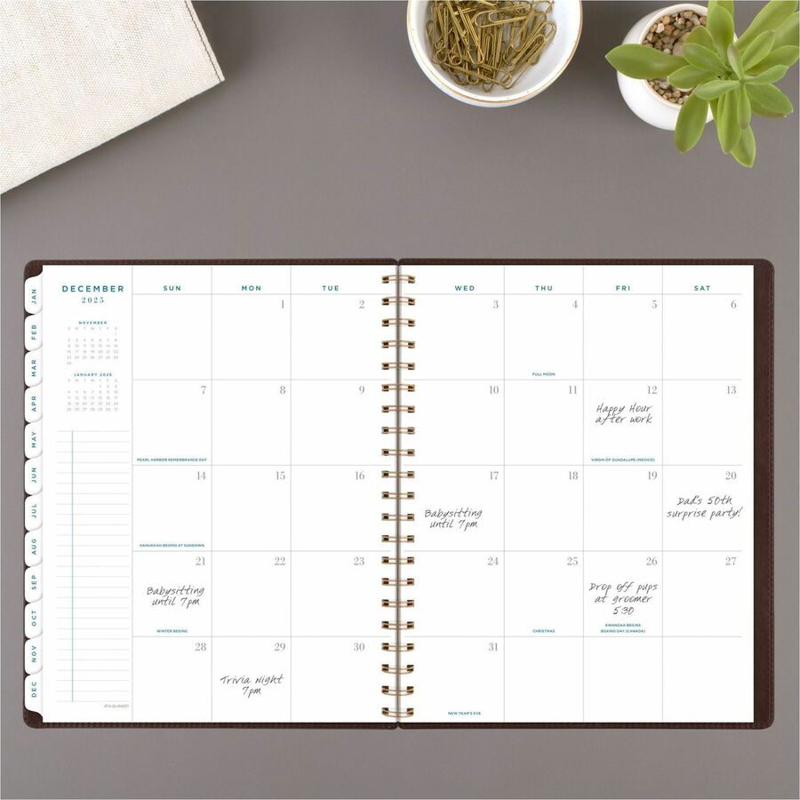 At-A-Glance Signature Collection Planner, Large, 13-Month, Weekly/Monthly, 8.5" x 11", White Sheets, Wire Bound, Brown Faux Leather, Tabbed, Double Pocket, 1 Each