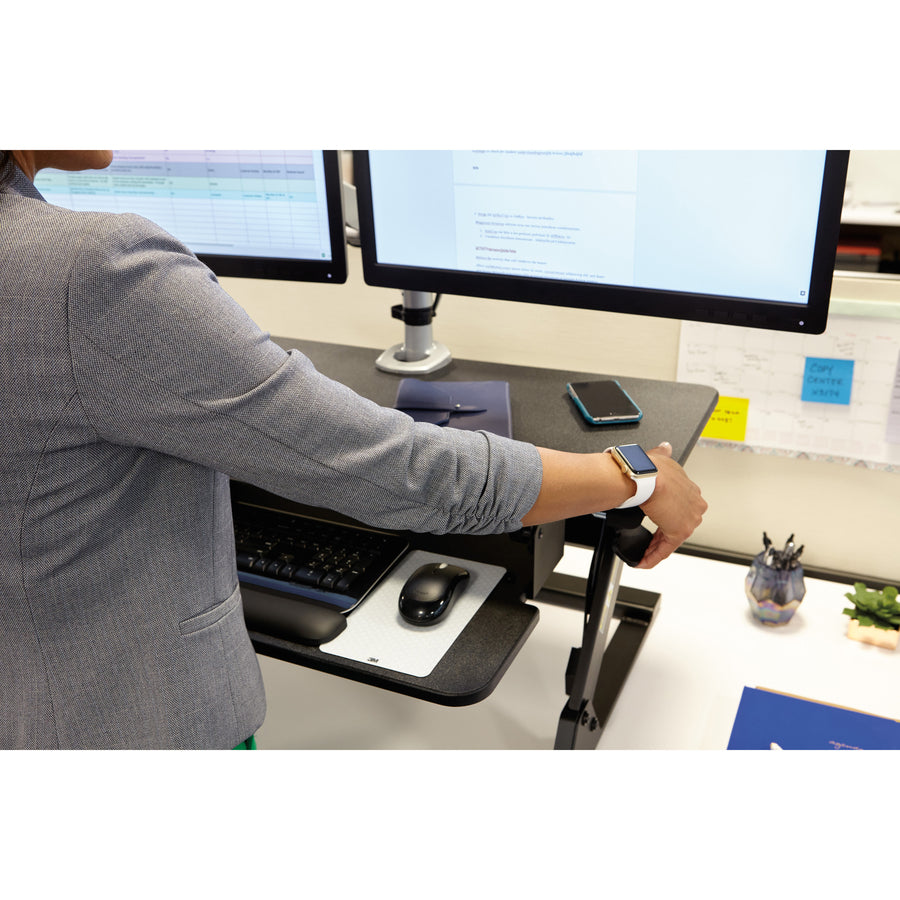 3M Precision Standing Desk, Adjustable Height 6.2"-20", Supports Up to 24" Screen, 35 lb Capacity, 23.2"W x 35.4"H x 6.2"D, Black, Includes Gel Wrist Rest & Mouse Pad, 1 Each