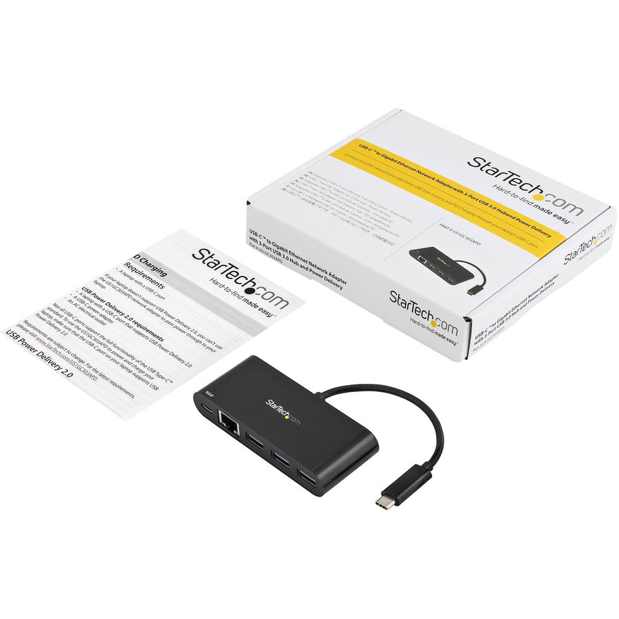 StarTech.com USB-C to Ethernet Adapter with 3-Port USB 3.0 Hub and Power Delivery