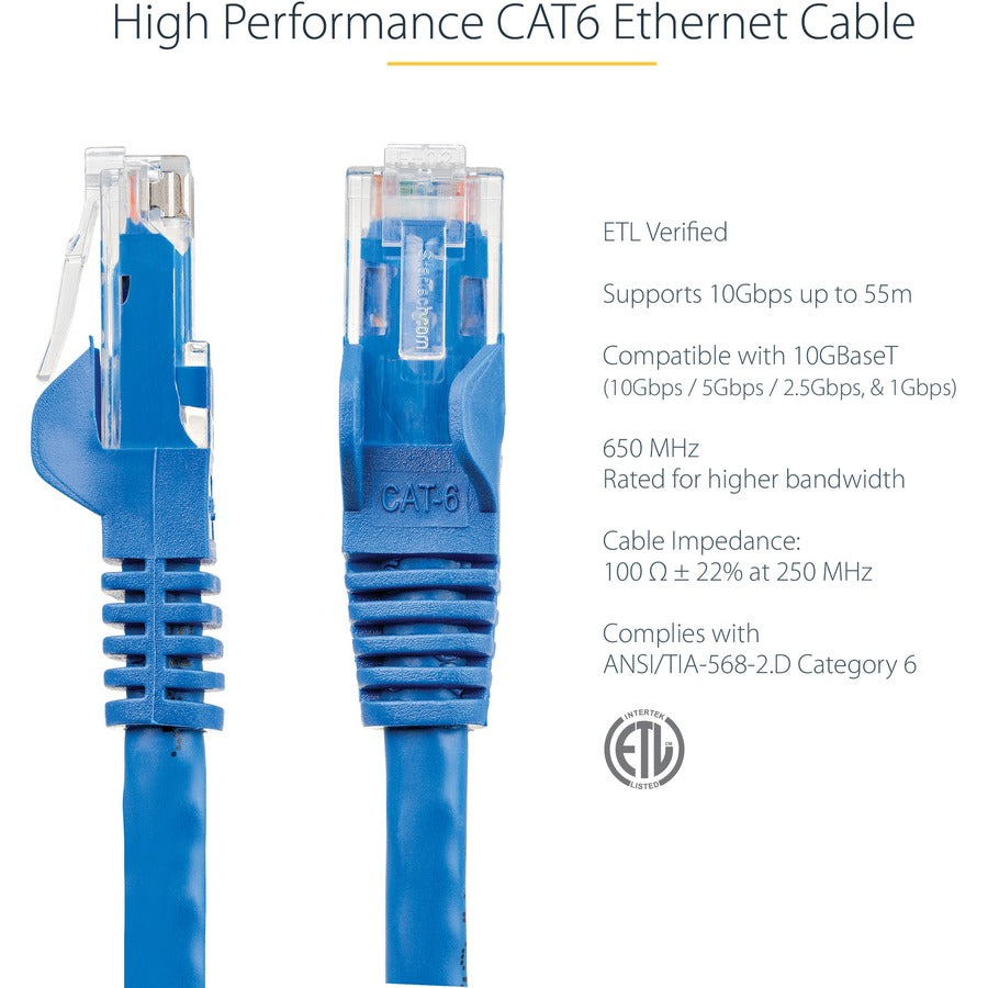 StarTech.com Cat6 Network Cable, 30 ft, RJ-45 Male/Male, 10 Gbit/s, Gold Plated, Snagless, Blue, 24 AWG, 1 Each