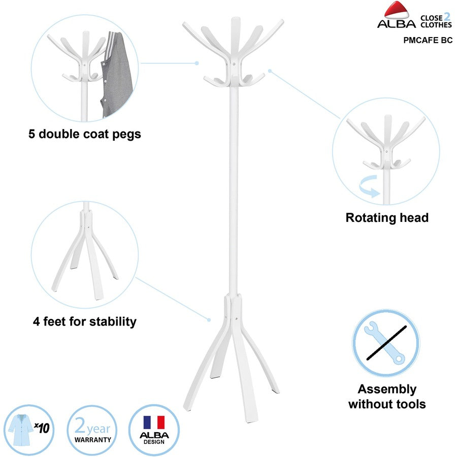Alba Coat Stand - 5 Hooks - 10 Pegs - 70.5" Height - for Coat, Clothes, Accessories - Wood - White - 1 Each