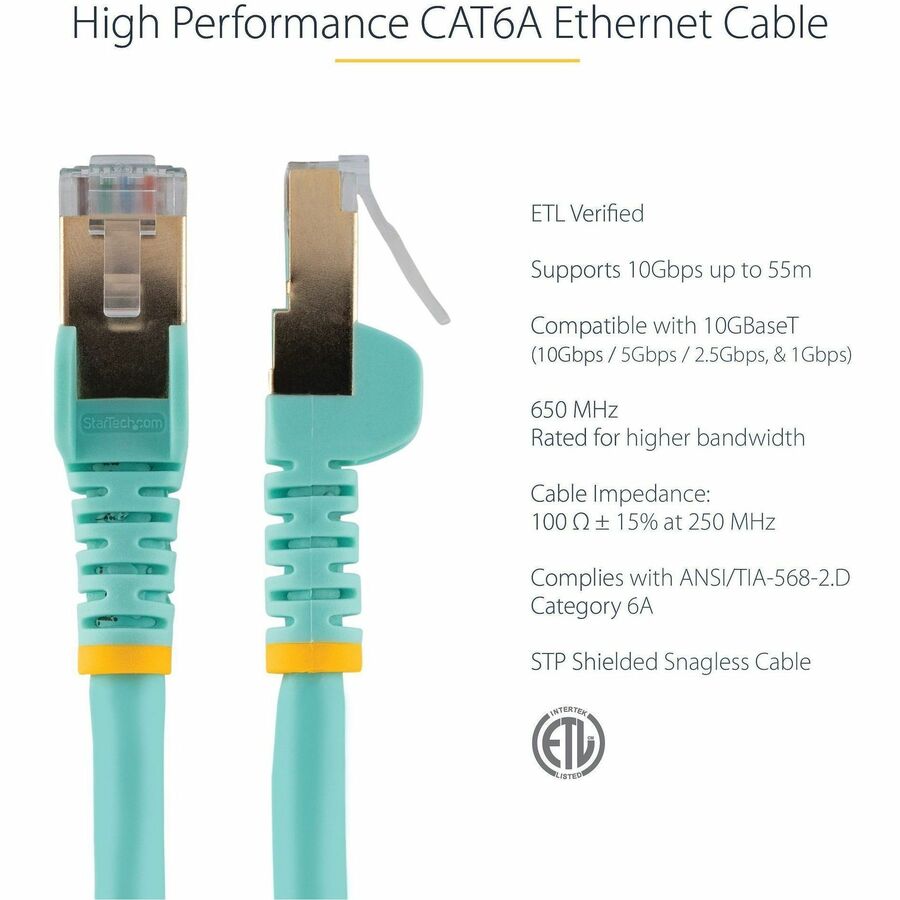 StarTech.com Cat6a Ethernet Patch Cable - Shielded (STP) - 8 ft., Aqua