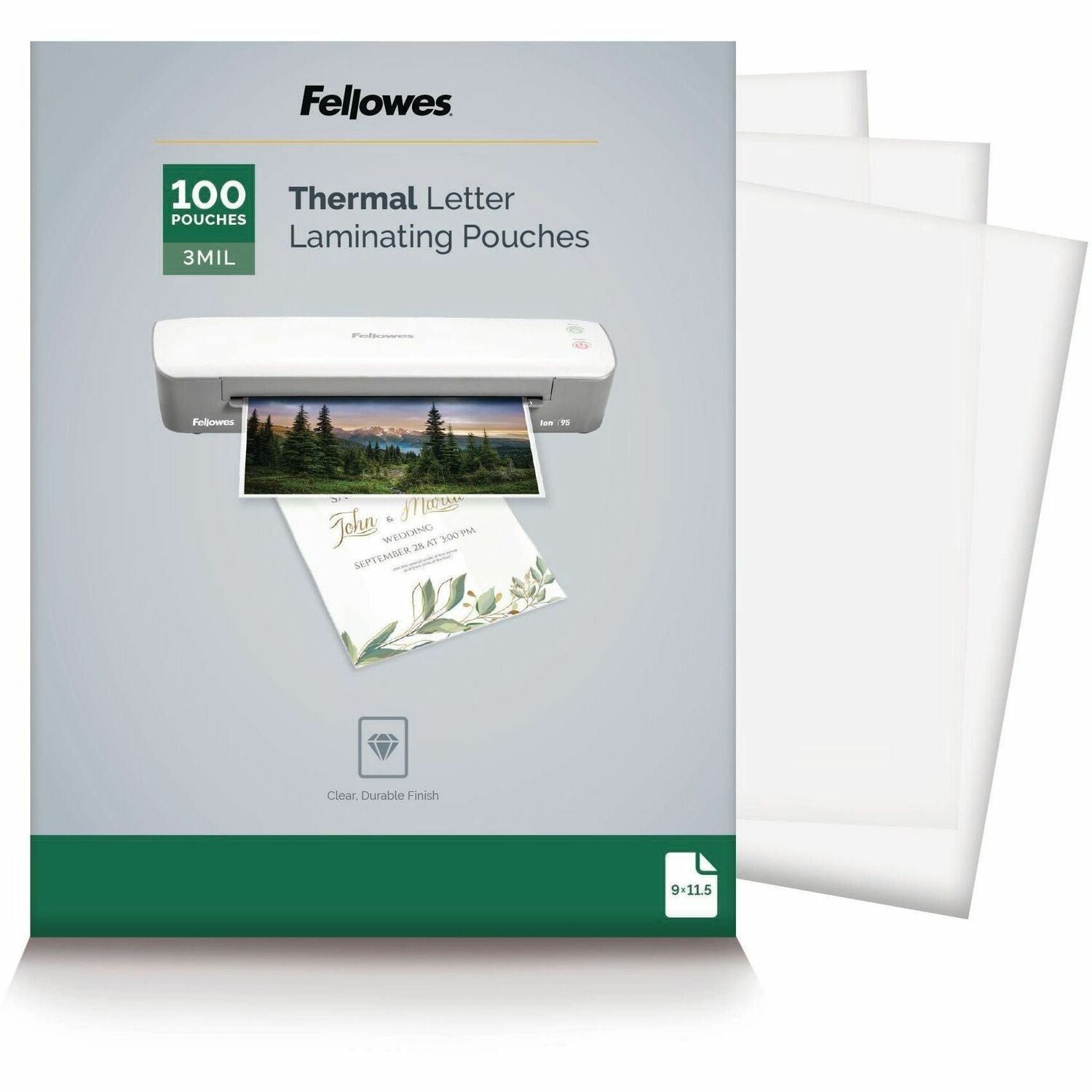 Fellowes Letter-Size Thermal Laminating Pouches, 9" x 11.5", 3 mil, Glossy, Clear, Photo-Safe, Erasable, Water Proof, 1 Pack