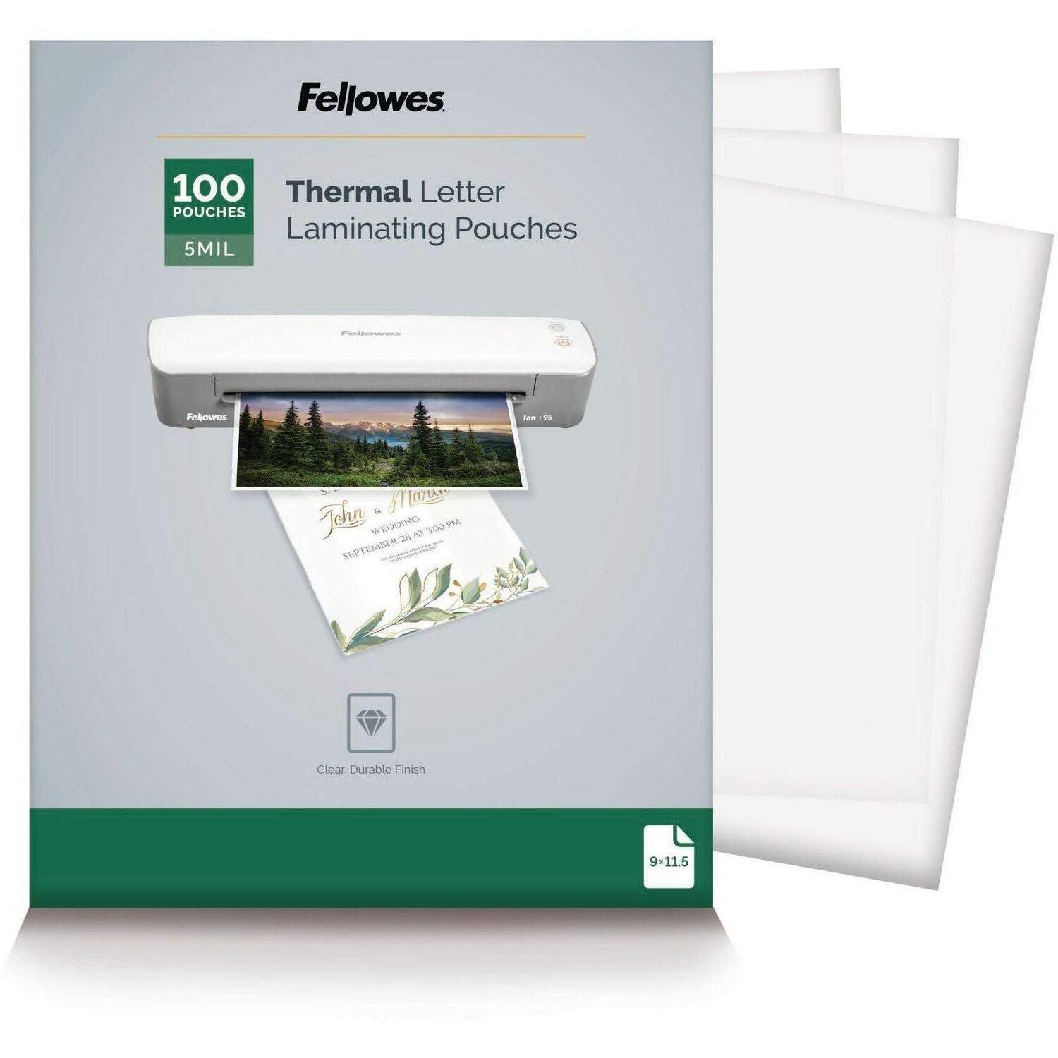 Fellowes Letter-Size Thermal Laminating Pouches, 9" x 11.5", 5 mil, Glossy, Clear, Photo-Safe, Erasable, Waterproof, 1 Pack