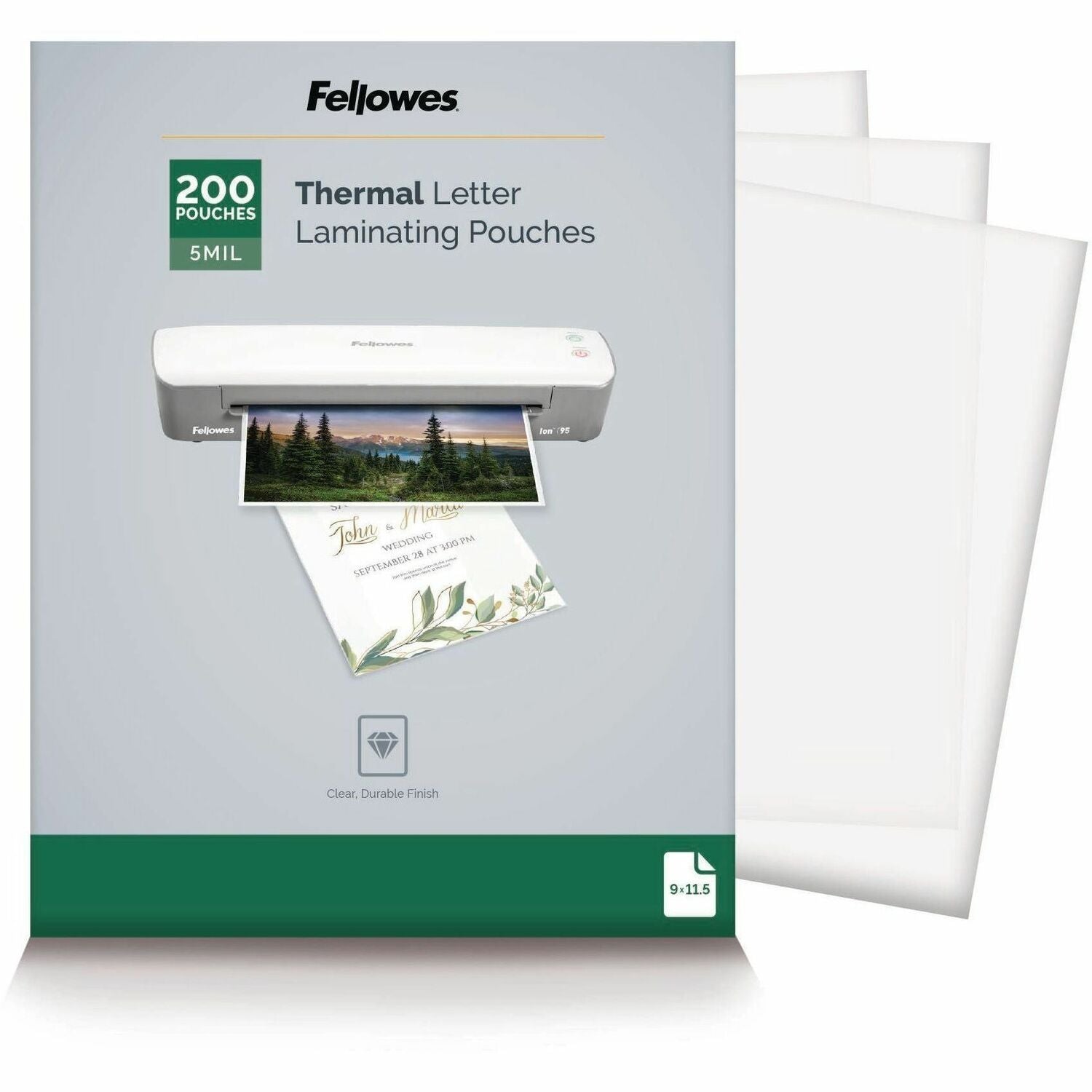 Fellowes Letter-Size Thermal Laminating Pouches, 9" x 11.5", 5 mil, Glossy, Clear, Photo-Safe, Erasable, Waterproof, 1 Pack