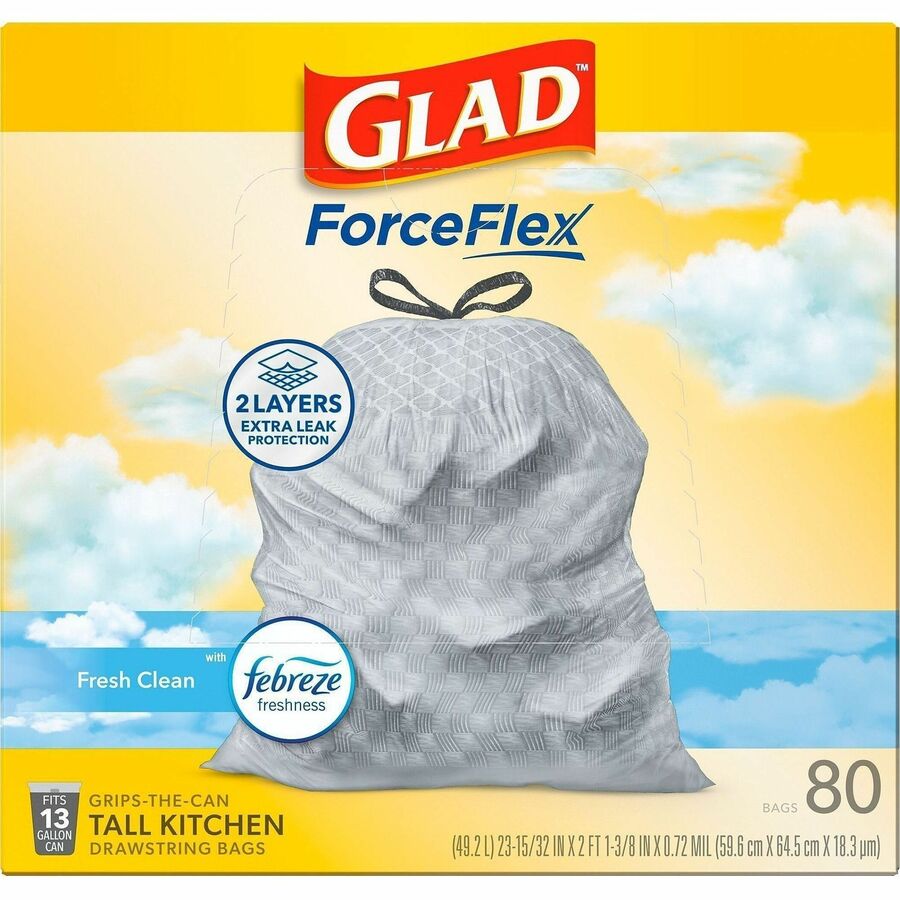 Glad ForceFlex Tall Kitchen Drawstring Trash Bags - Fresh Clean with Febreze Freshness - 13 gal Capacity - 0.78 mil (20 Micron) Thickness - Drawstring Closure - White - Kitchen, Garbage, Home, Breakroom, Cafeteria, Restaurant, Commercial/ - 80 / Box